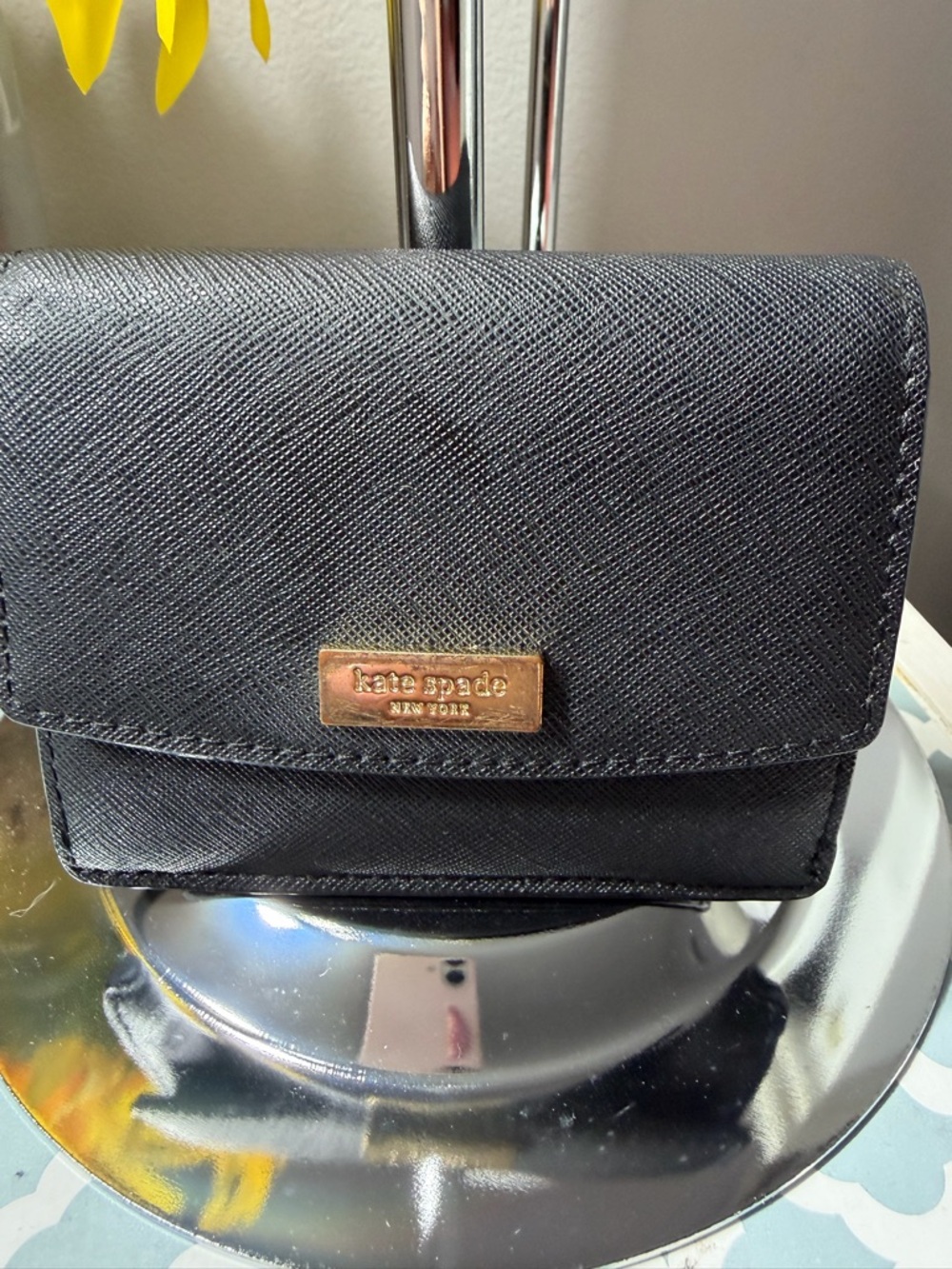 kate spade black mini wallet with gold plaque